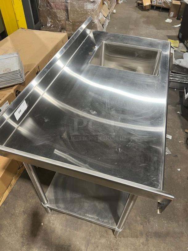 Advance Tabco stainless steel worktop with right-side sink, back and left splash, single undershelf, on legs, brand new.