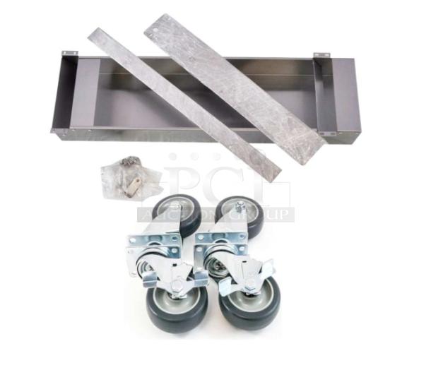 Brand new commercial double convection oven stacking kit with metal frame, two brackets, four casters, and hardware.