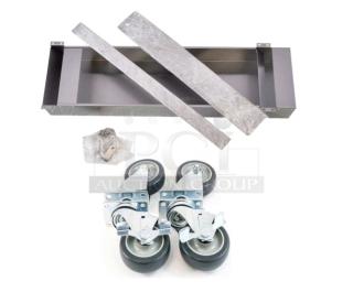 Brand new commercial double convection oven stacking kit with metal frame, two brackets, four casters, and hardware.