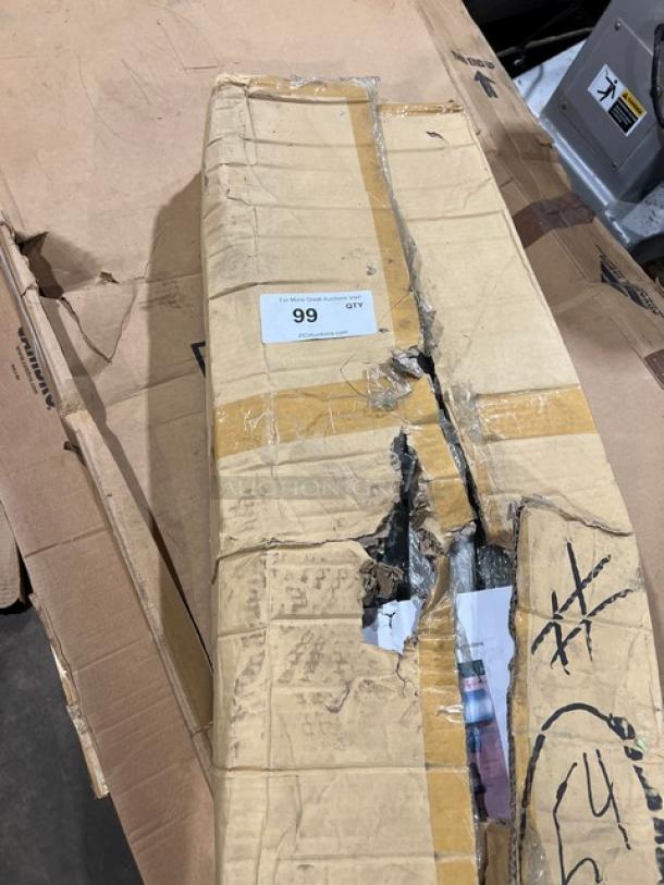 Brand new commercial double convection oven stacking kit with casters, shown in damaged packaging, quantity label "99 QTY".