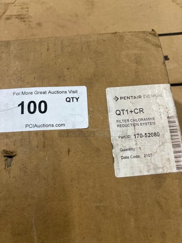 Brand new Pentair Everpure QT1+CR water filtration system box. Labels indicate model, part ID 170-52080, and quantity 1.