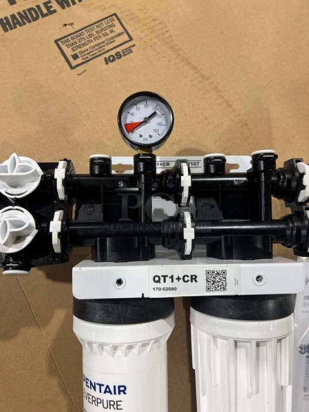 Brand new Pentair Everpure QT1+CR commercial water filtration system with chloramine reduction; includes gauge and connectors.