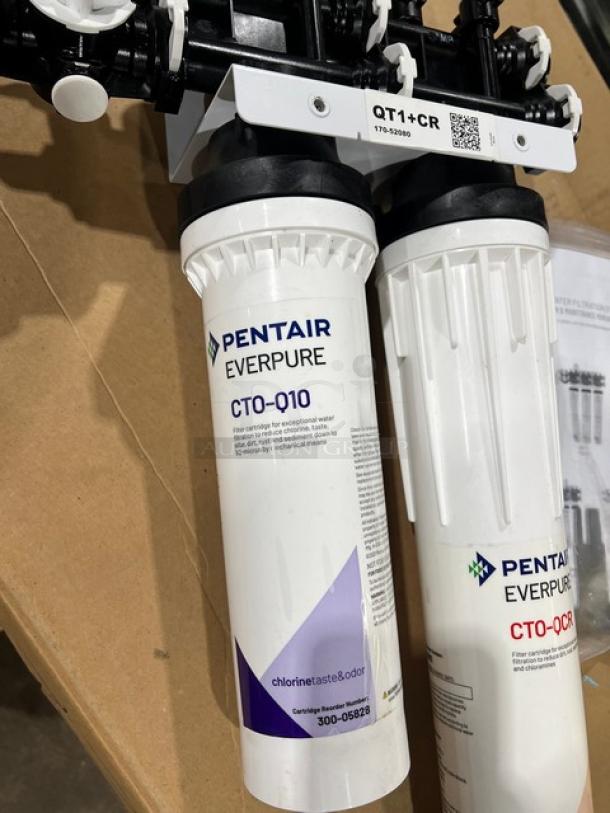 BRAND NEW Pentair Everpure QT1+CR commercial water filtration system, featuring chloramine reduction. Model CTO-Q10, tags visible.