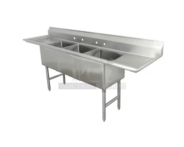 Advance Tabco FC-3-3024-36RL commercial stainless steel 3-compartment sink with 36" drainboards, 14" deep bowls, brand new.