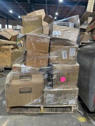 Mixed pallet with Rubbermaid Commercial 24" Kut-A-Way Dust Mop Heads, Dibbern dessert plates, Cocktail Kingdom shakers, and more.