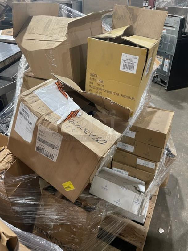 Mixed pallet with Rubbermaid mop heads, Dibbern plates, Cocktail Kingdom shaker, Harold bamboo tray, and more in boxes.