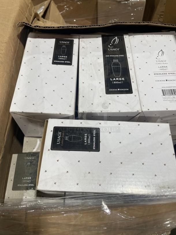 Mixed pallet with Usagi Series Stainless Steel Large Cobbler Shakers in boxes, sealed in original packaging.