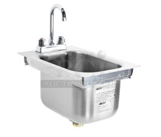 Brand new Eagle Group stainless steel drop-in sink with deck mount faucet, gooseneck nozzle, and basket drain. Model SR10-14-9.5-1.