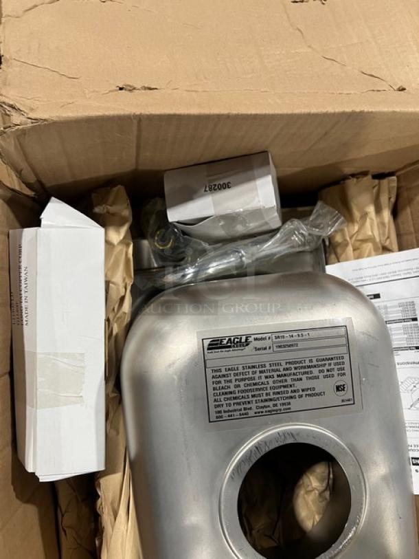 Brand new Eagle Group stainless steel drop-in sink, model SR10149.51, with deck mount faucet and basket drain, in box.