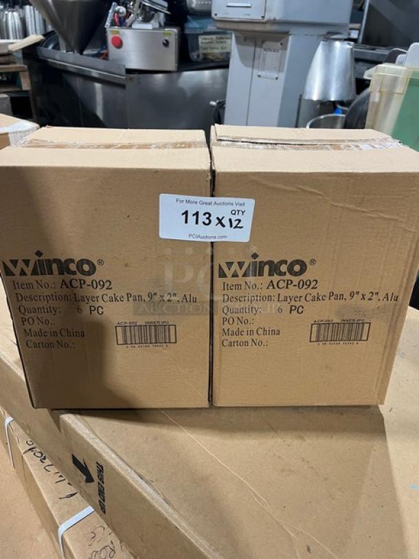 Winco aluminum 9" round cake pans, model ACP-092, brand new in original packaging, quantity of 12, commercial quality.