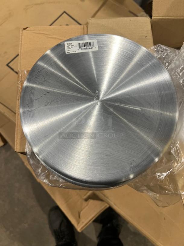 Winco ACP092 9" Round Aluminum Cake Pan, 2" Deep, Brand New, Commercial Grade, UPC Label Visible.