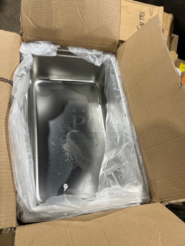 Brand new Winco SPJH-106 stainless steel anti-jam pan, 6" deep, full-size, in original packaging.