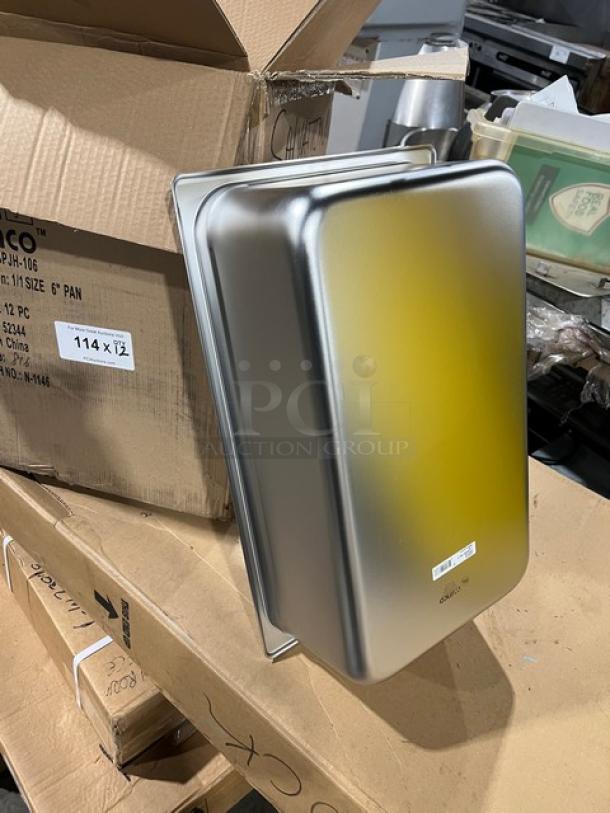 Winco SPJH-106 stainless steel steamtable pan, full-size, 6" deep, anti-jam, new condition, in original packaging.