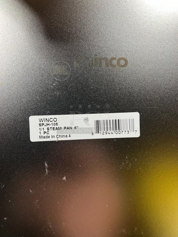 Winco SPJH-106 stainless steel steamtable pan, 6" deep, new condition, model label: 1/1 Steam Pan, NSF certified.