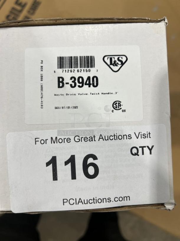 T&S Commercial Waste Drain Valve B-3940, brand new, with twist handle. Box shows model label and auction information.