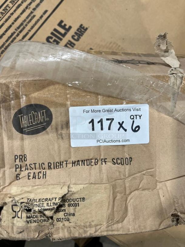 TableCraft PR8 right-handed manual French fry scoop, brand new, soft grey, commercial-grade, 6-pack box.