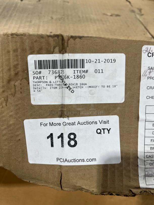 Brand new John Boos stainless steel 60x18" pass-thru shelf, model PTS16K1860, with stallion safety edges, item tags visible.