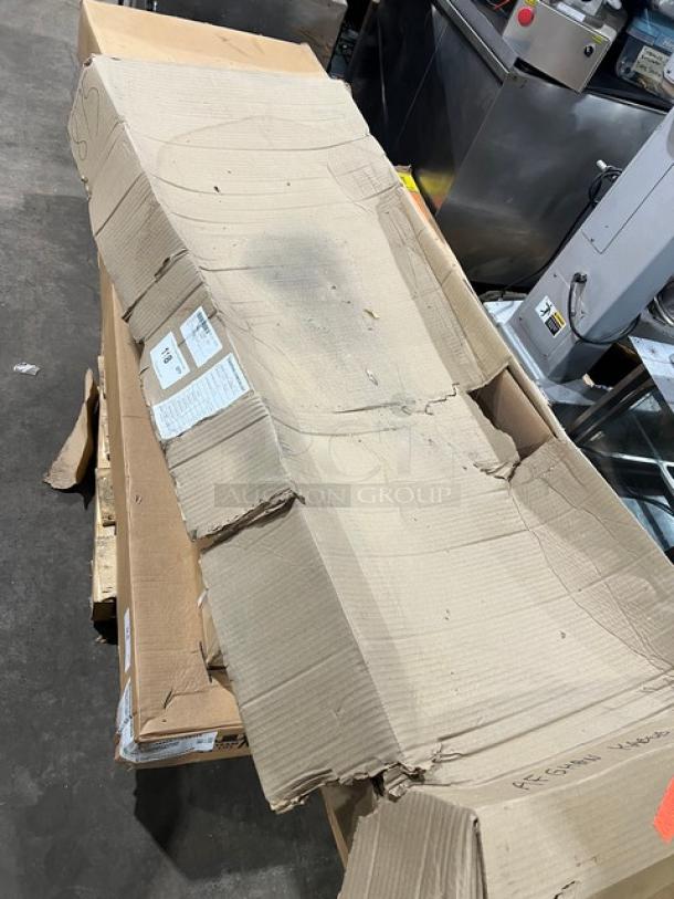 Brand new John Boos stainless steel 60"x18" pass-thru shelf, model PTS16K1860, with Stallion safety edges in packaging.