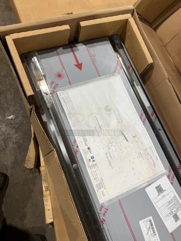 Brand new John Boos stainless steel 60"x18" pass-thru shelf, model PTS16K1860. Features stallion safety edges.