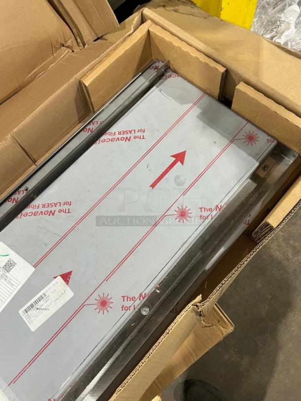 Brand new John Boos stainless steel 60"x18" pass-thru shelf in box. Model PTS16K-1860 with Stallion Safety Edges.