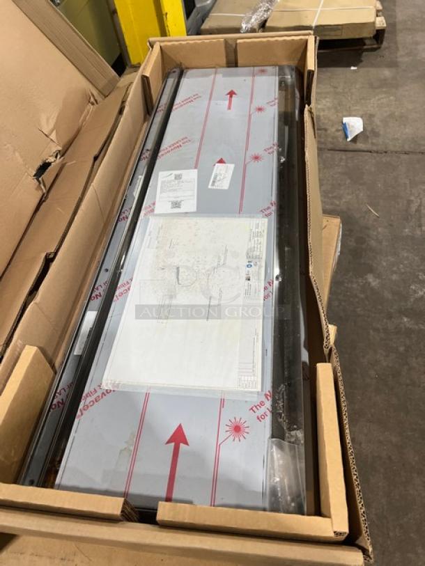 Brand new John Boos stainless steel 60"x18" pass-thru shelf in packaging, model PTS16K-1860, with Stallion Safety Edges.