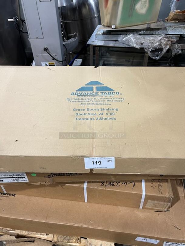 Advance Tabco green epoxy coated wired shelving, 60"x24", brand new in box. Contains 2 shelves.