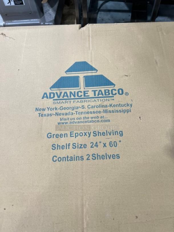 Advance Tabco green epoxy-coated wire shelving, 60"x24", brand new, 2 shelves per case, durable commercial use.