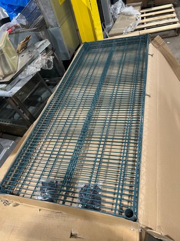 Advance Tabco green epoxy 60"x24" wire shelving, brand new, 2 per case. Durable commercial-grade storage solution.