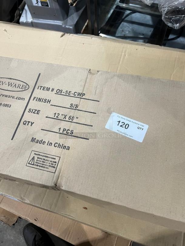 Serv-Ware 60"x12" stainless steel table-mounted double overhead shelf, model OS-5E-CWP. Brand new, in box labeled with item details. Made in China.