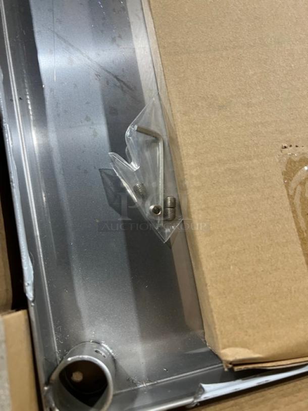 Brand new Serv-Ware stainless steel double overhead shelf, 60"x12". Model OS-5E-CWP. Includes assembly hardware.