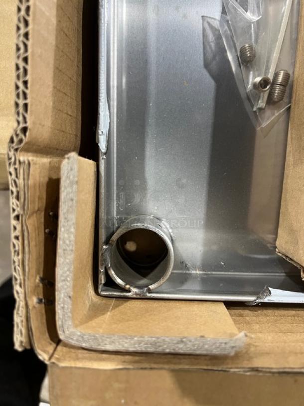 Brand new Serv-Ware OS-5E-CWP stainless steel 60"x12" double overhead shelf, in box with mounting hardware visible.