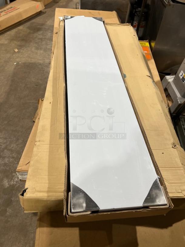 Brand new Serv-Ware stainless steel 60"x12" double overhead shelf, model OS-5E-CWP, in original packaging.