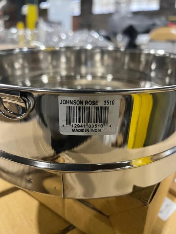 BRAND NEW Johnson-Rose 10” stainless steel round sieve, model 3510, with barcode and "Made in India" label.
