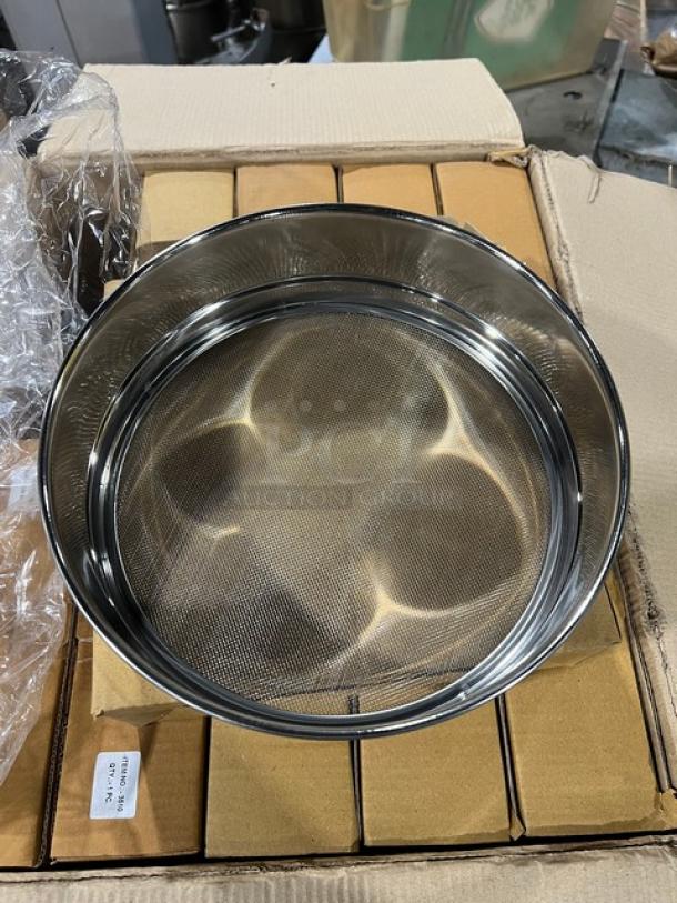 Brand new Johnson-Rose 10” round stainless steel sieve, model 3510, in original packaging.
