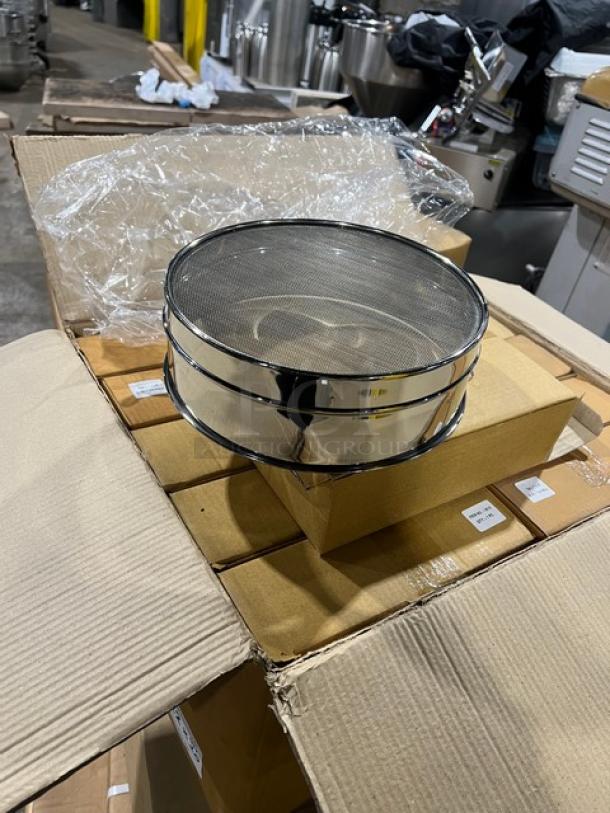 Brand new Johnson-Rose 10" stainless steel sieve, Model 3510, in pristine condition, atop cardboard box.