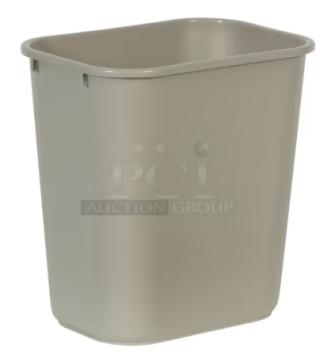 Brand new Rubbermaid Commercial beige medium trash can, durable design, ideal for office use.