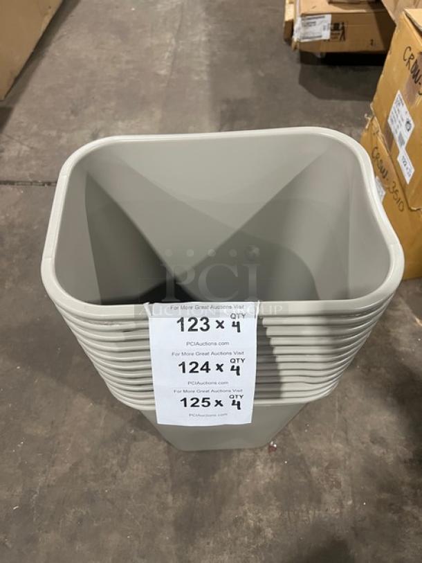 Brand new Rubbermaid Commercial beige medium trash can. Stacked, unused condition with auction labels indicating quantity.