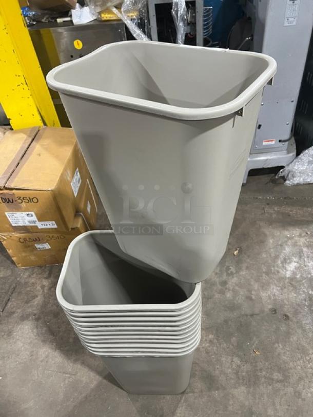 Brand new Rubbermaid Commercial beige medium trash can. Stack of multiple bins. Durable plastic, ideal for commercial use.