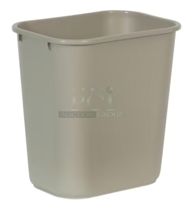 Brand new Rubbermaid medium beige trash can, commercial-grade, durable plastic, rectangular design, pristine condition.
