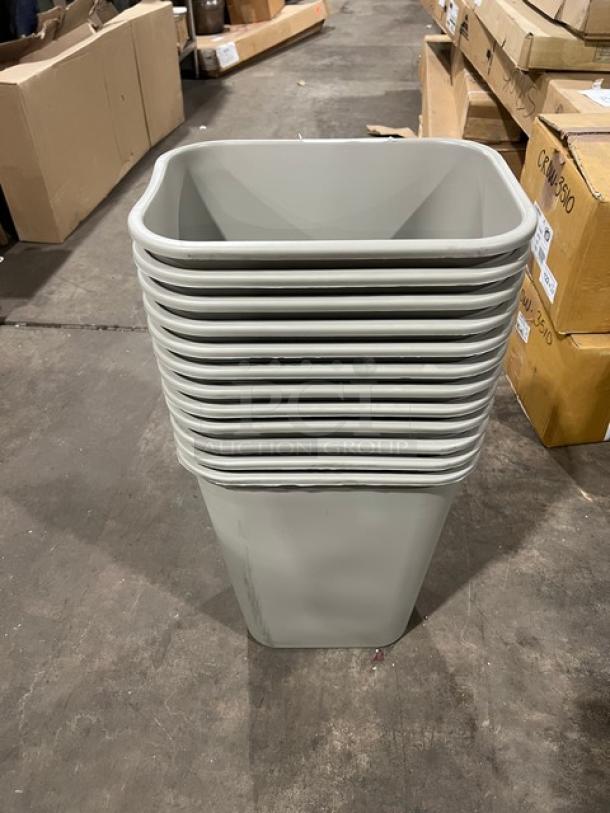 Brand new Rubbermaid Commercial beige medium trash cans, stack of 10. Durable material, ideal for waste management.