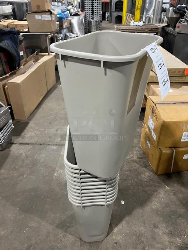 Brand new Rubbermaid Commercial beige medium trash can, sleek design, stacked, perfect condition for waste management.