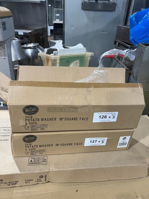 TableCraft Model 7418 stainless steel handheld potato masher, 18" square face, brand new in box. Markings display model and quantity.