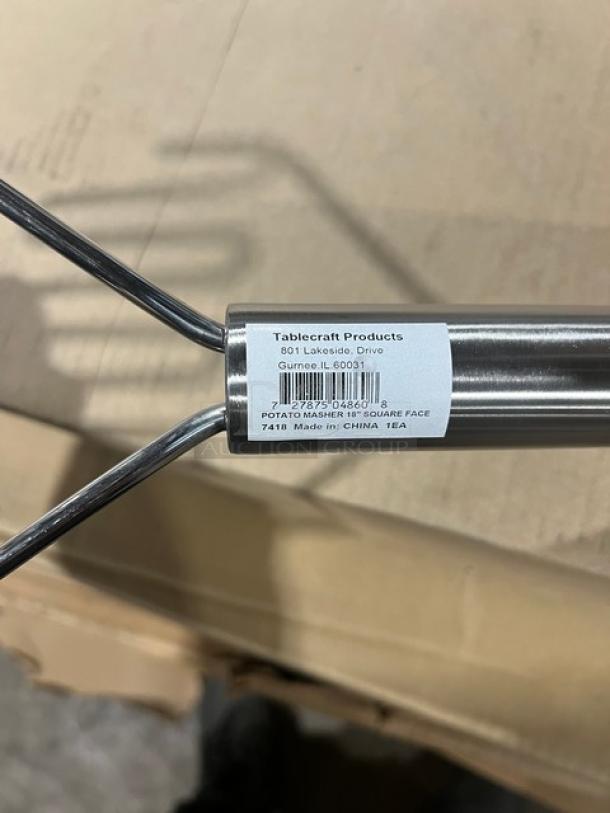 TableCraft stainless steel 18" potato masher, model 7418. New condition, with label indicating square face design.