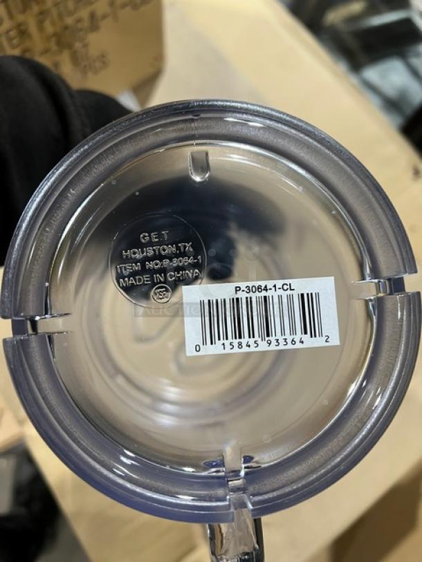 BRAND NEW G.E.T. Enterprises 64 oz clear textured pitcher with lid, model P-3064-1-CL. Tag shows item info and barcode.