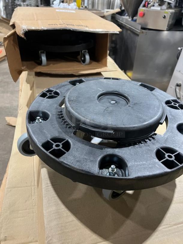 Brand new Carlisle Bronco Series black trash can dolly, Model 36910, with swivel casters. Boxed, ready for use.