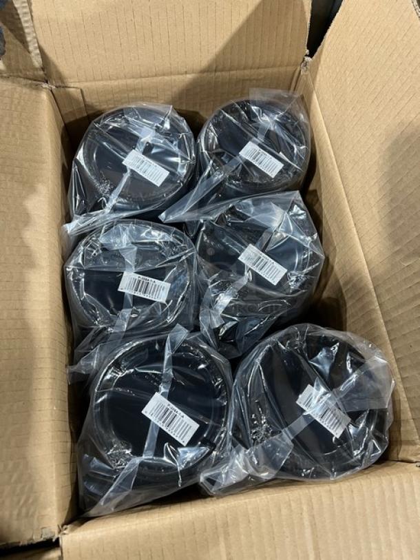 Box of six brand new G.E.T. Enterprises amber textured pitchers, 64 oz, with lids, model P-3064-1-A, in sealed packaging.