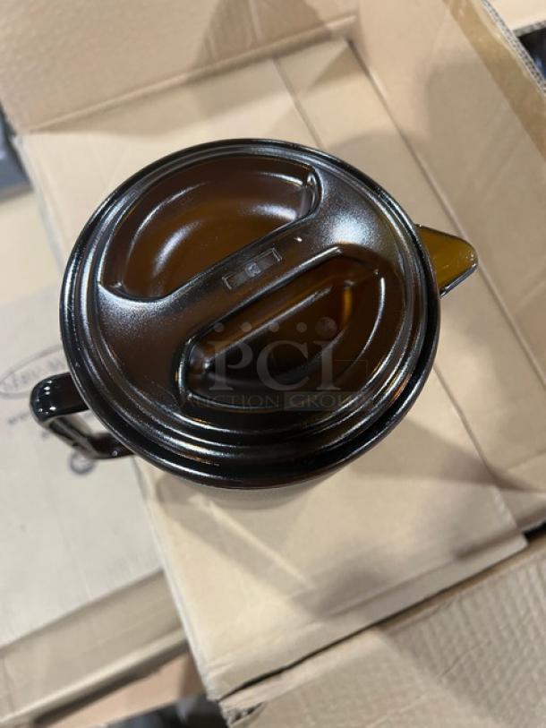 Alt text: "Brand new amber textured G.E.T. Enterprises 64 oz. pitcher with lid, model P-3064-1-A, in box."