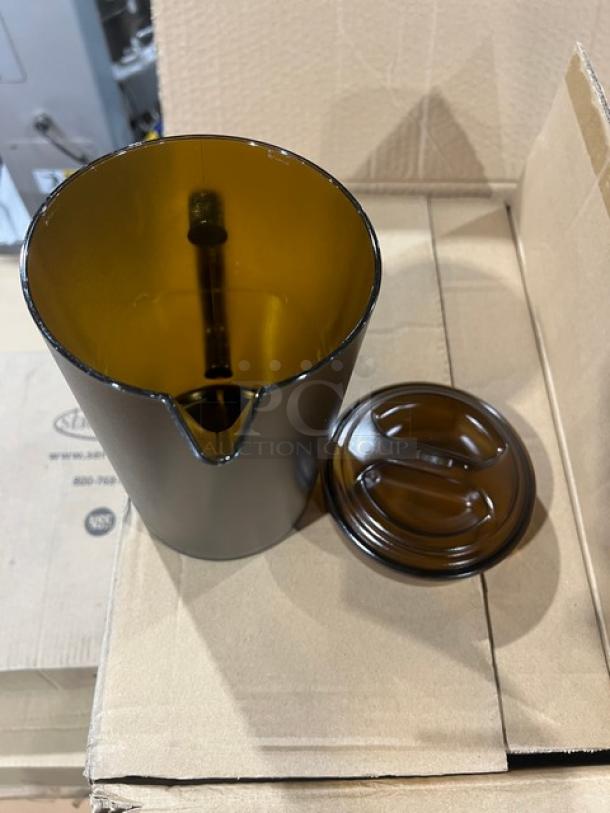 G.E.T. Enterprises amber textured 64 oz. pitcher with lid, model P-3064-1-A. New condition, ideal for commercial use.