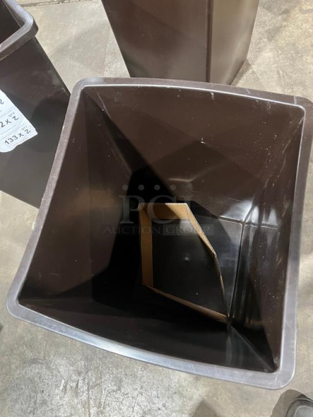 Brand new Continental Swingline 25BN, 25-gal brown square trash can, excellent condition, commercial use.