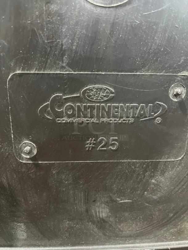 Brand new Continental Swingline Series 25BN, 25 gal. square trash can, commercial brown, with embossed logo and #25 marking.